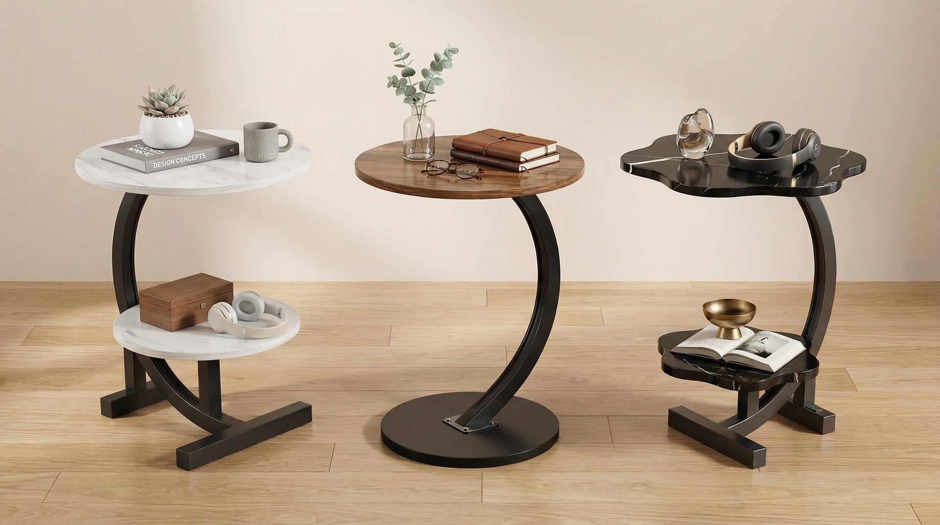 Modern Round Side Table with Wrought Iron Base for Living Room