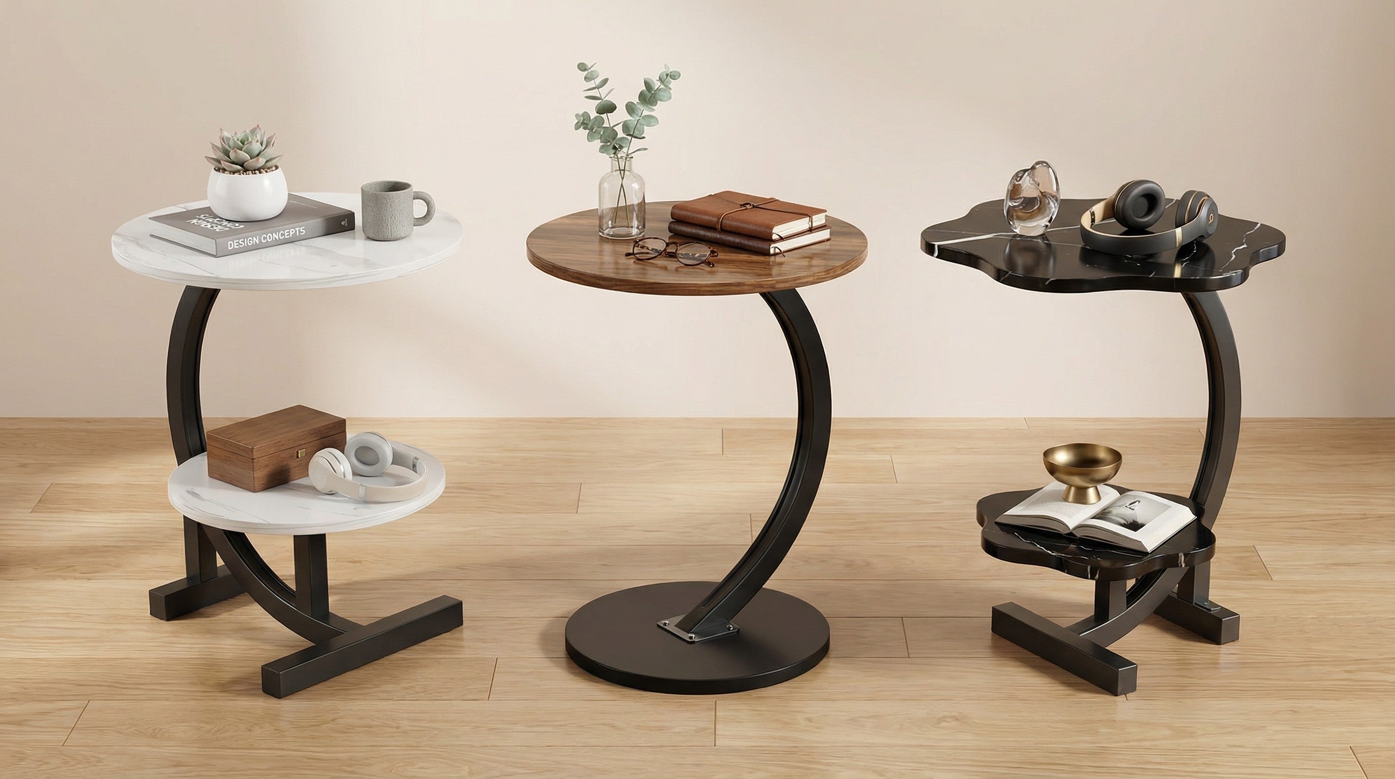 Modern Round Side Table with Wrought Iron Base for Living Room