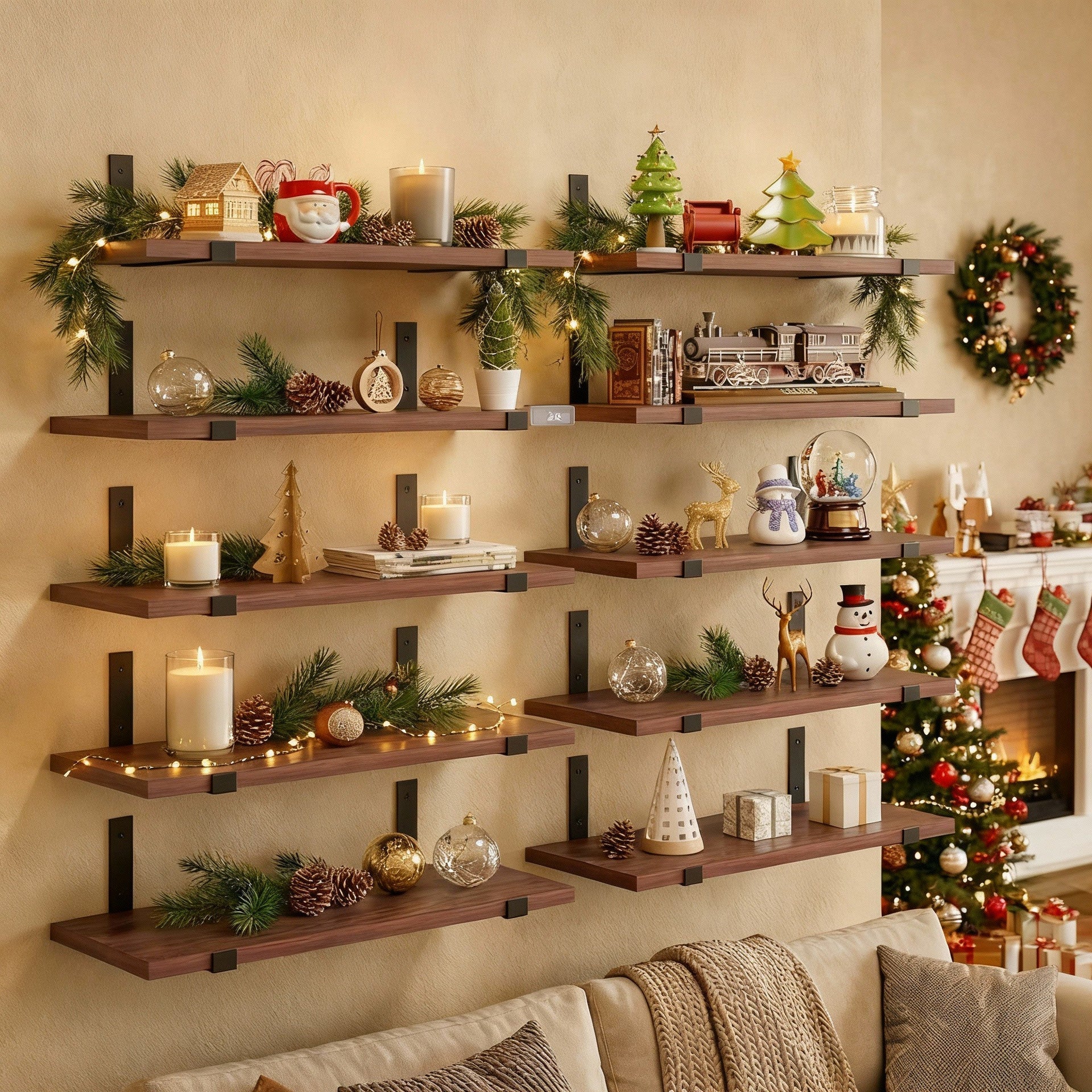 Set of 15.8-inch rustic brown wooden floating shelves with black industrial metal brackets