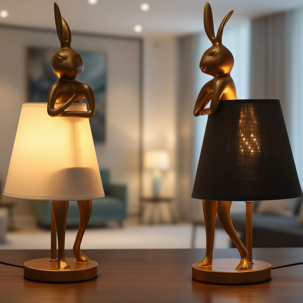Modern bunny-shaped table lamp with an adjustable light head in gold finish on a bedside table.