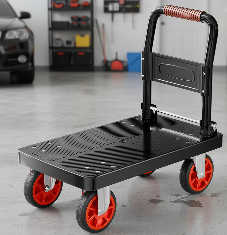 Heavy-duty black and red folding platform cart with a secure strap for transport