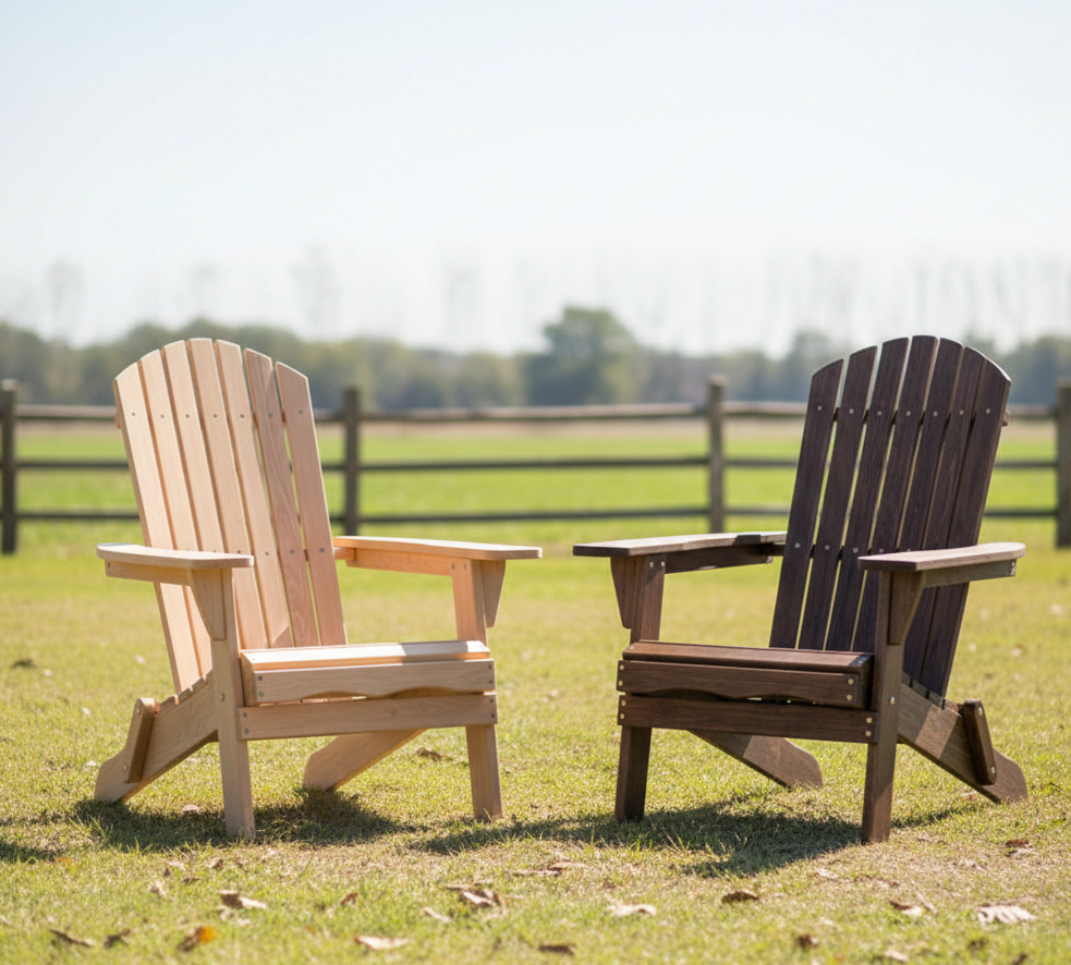 Natural wood folding Adirondack chair on a sunny patio deck