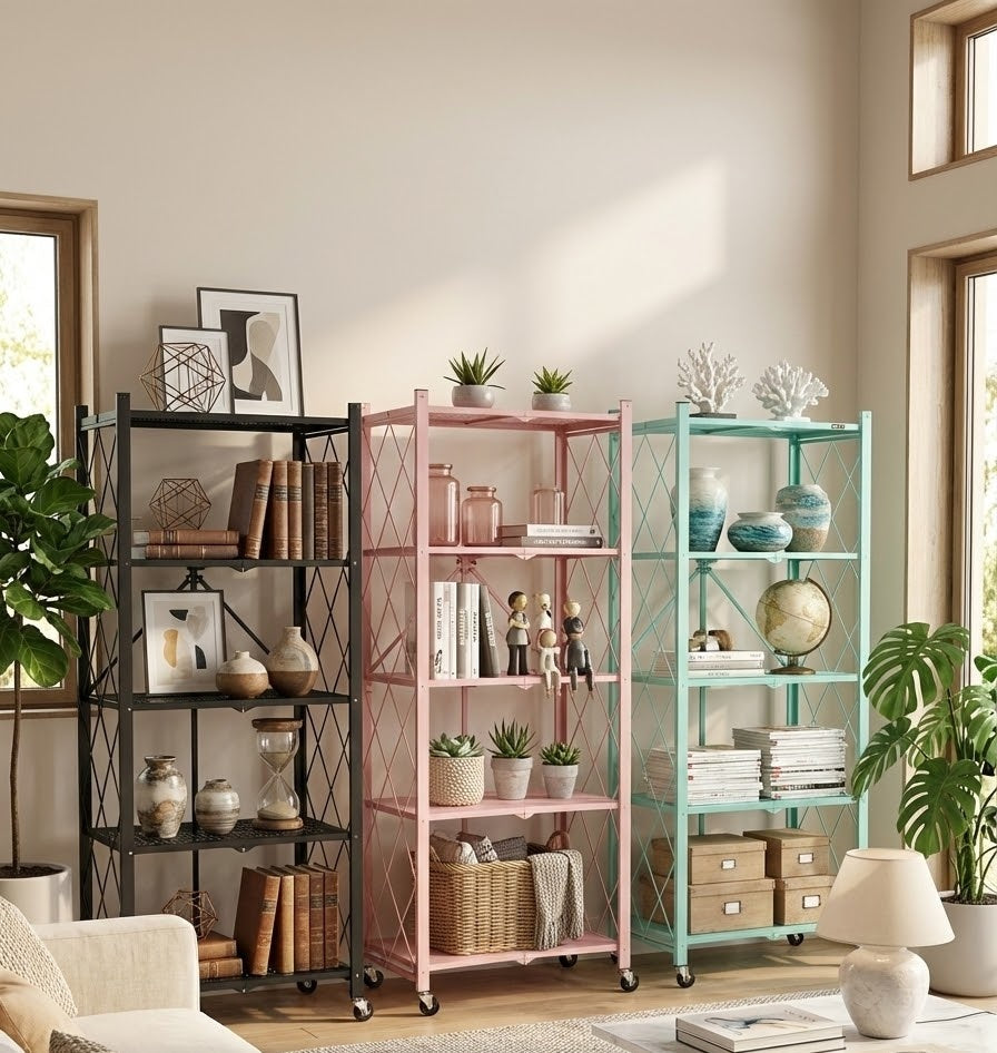 Modern heavy-duty metal shelving unit available in black, pink, teal, and white