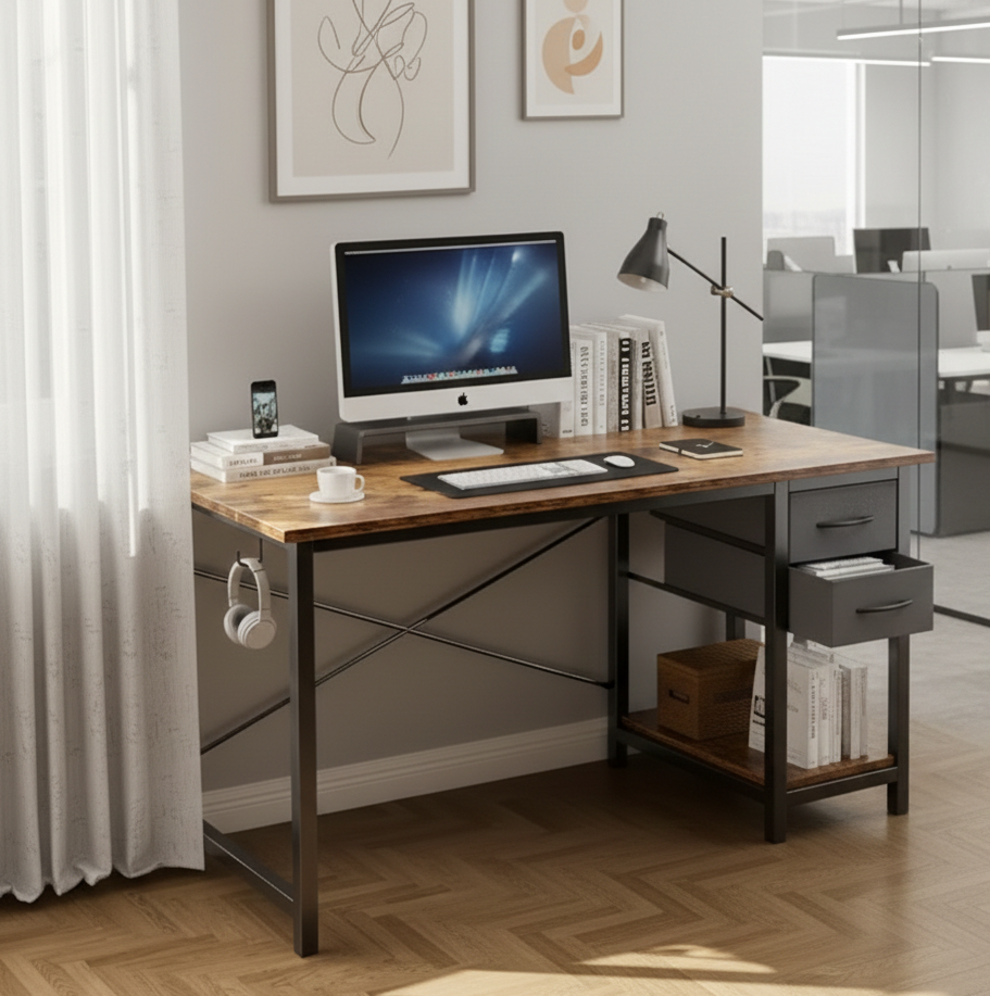 Modern industrial computer desk with fabric storage drawers in a contemporary home office setting