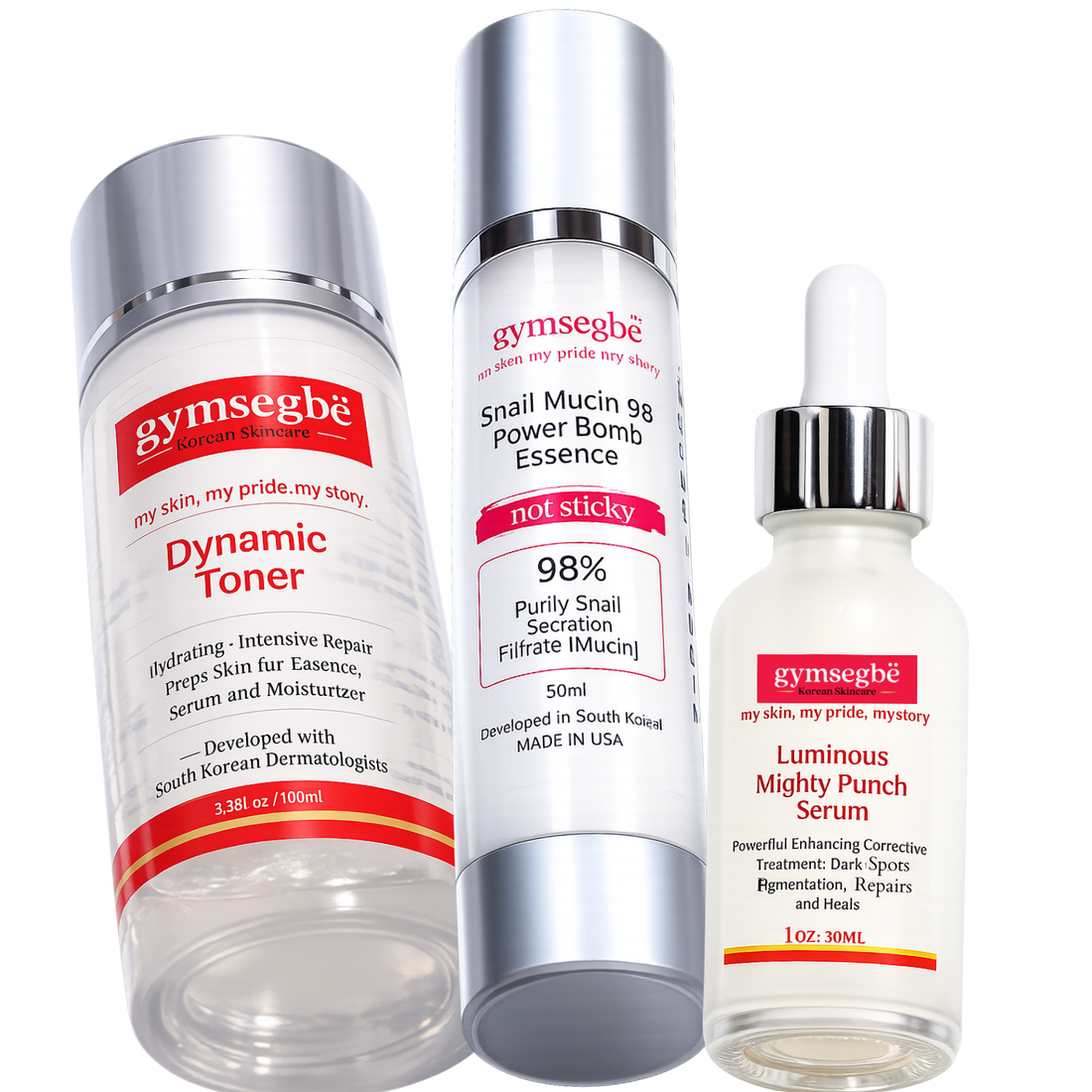 gymsegbë Korean Glow Serum and Toner Essence set bottles with clinical white and silver packaging
