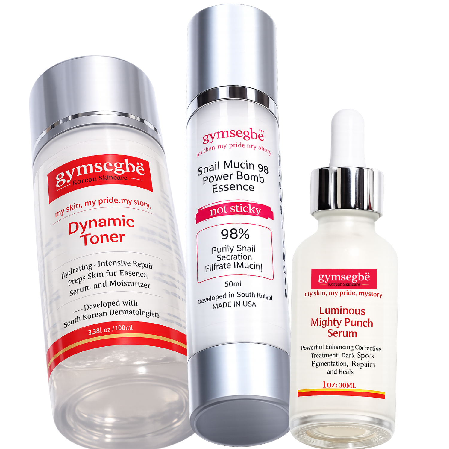 gymsegbë Korean Glow Serum and Toner Essence set bottles with clinical white and silver packaging