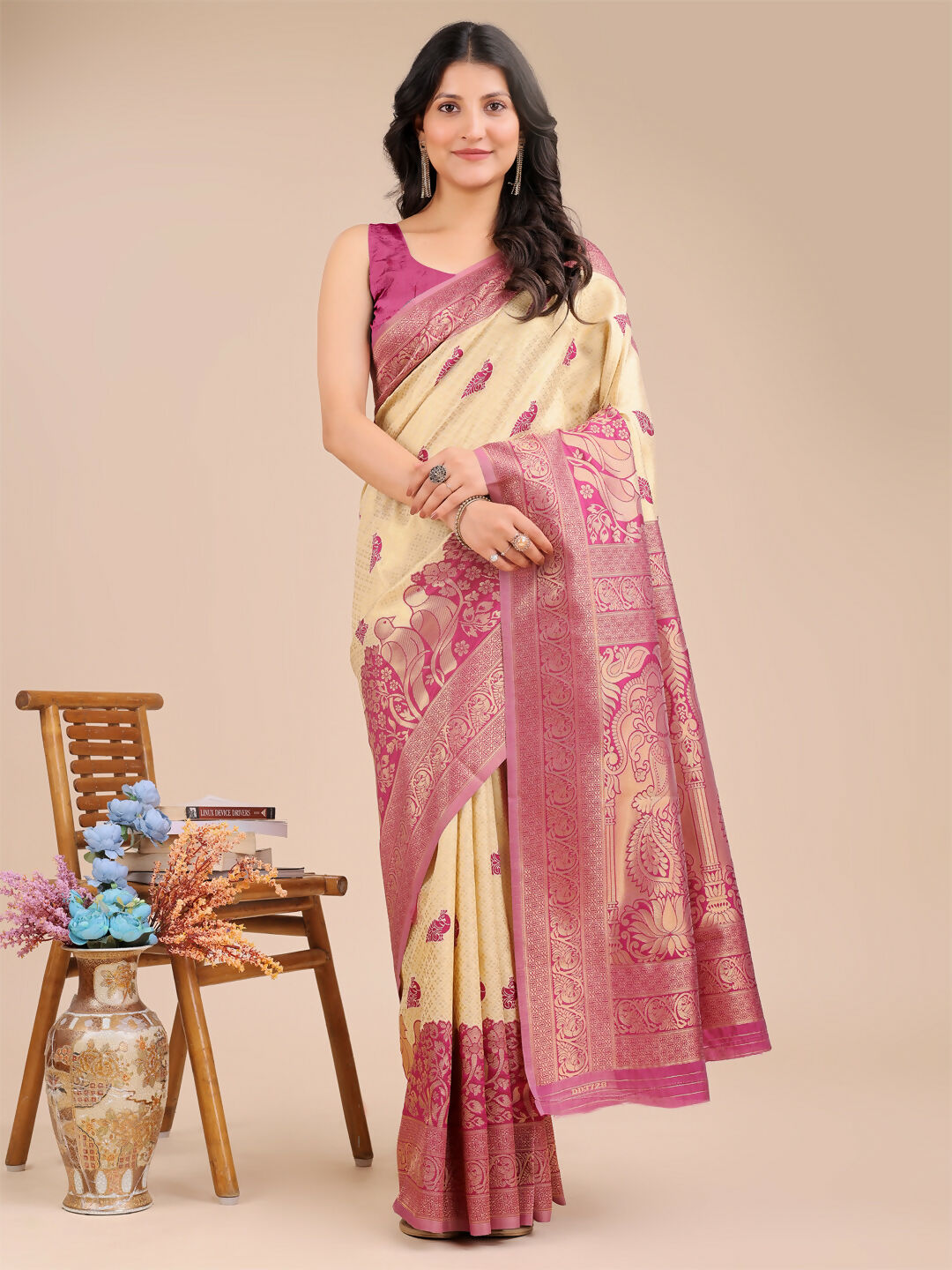 Banarasi silk saree in cream and magenta tones with matching blouse