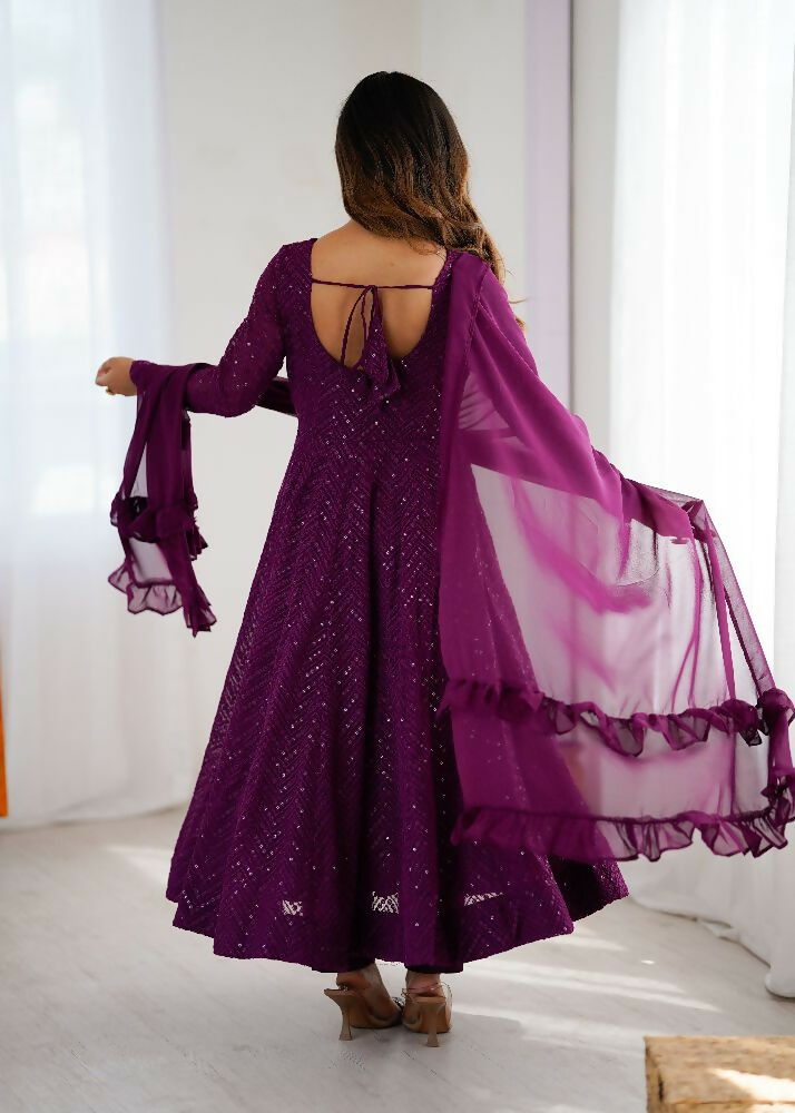 Wine Kurta Set in Georgette with Elegant Sequence Embroidery Work