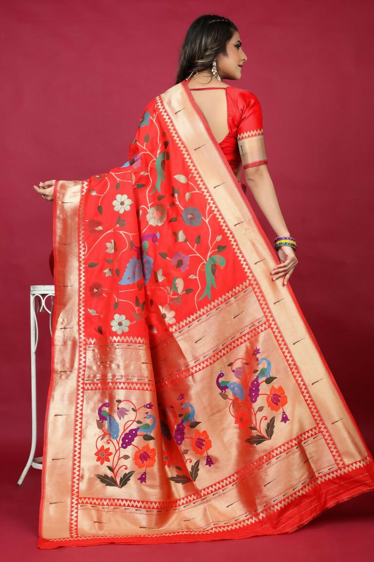 Red Paithani Silk Zari Woven Saree with Matching Blouse