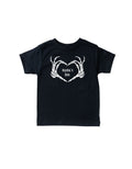 Kids cotton crew-neck tee with Mama's Boo skeleton heart hands print
