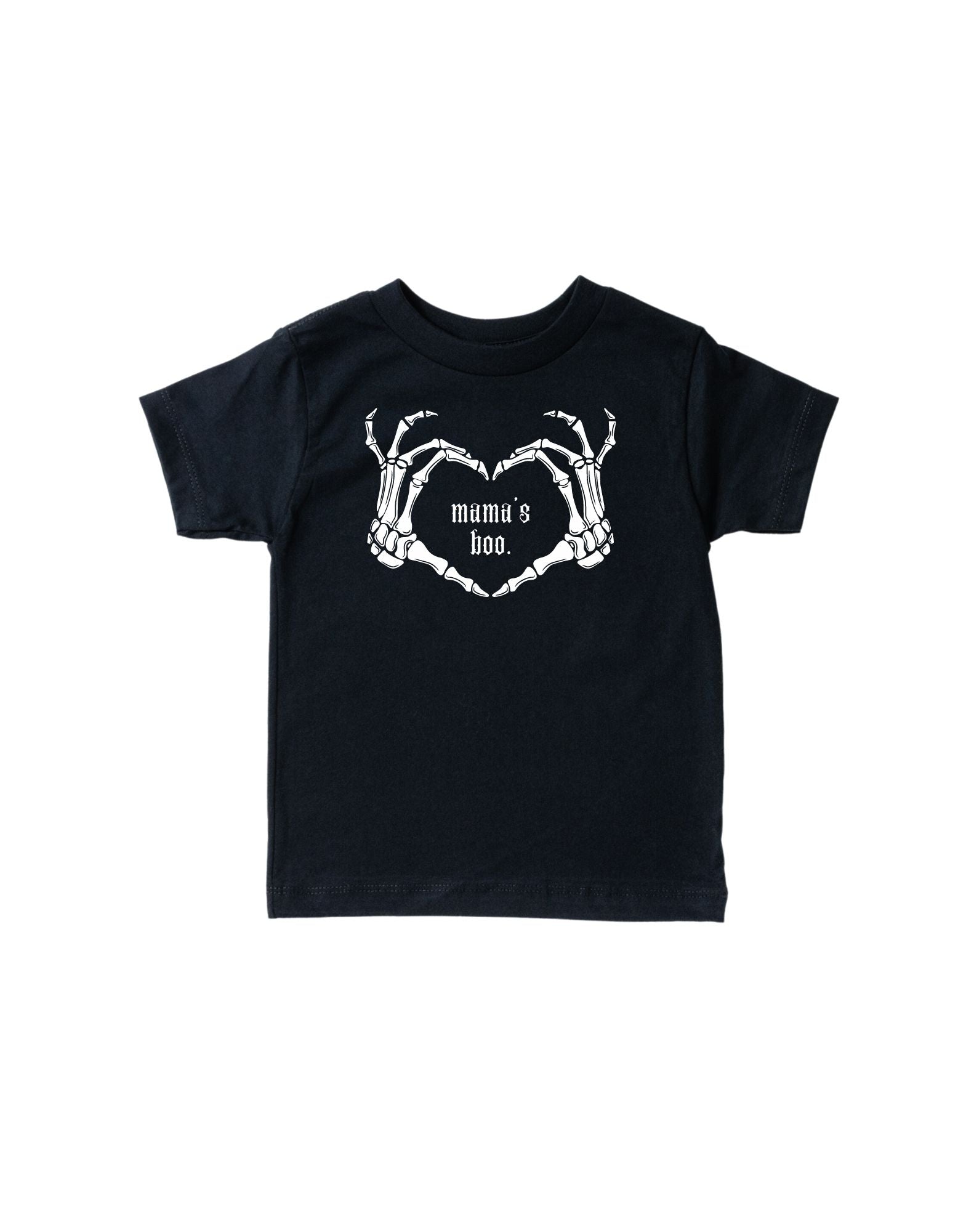 Kids cotton crew-neck tee with Mama's Boo skeleton heart hands print