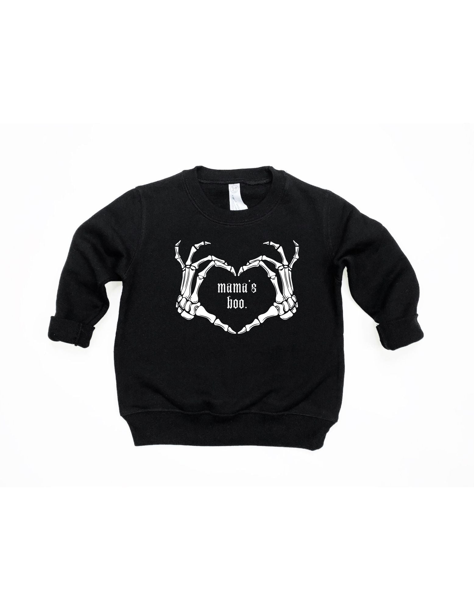 Mama's Boo Skeleton Heart Hands Pullover in black and white with a playful, spooky-cute design.