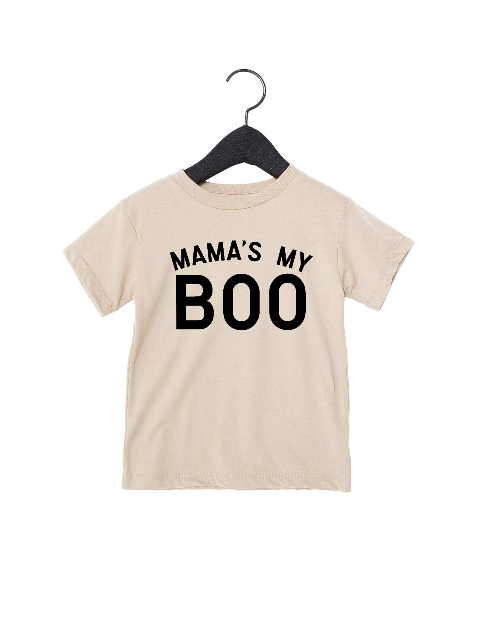 Mama's My Boo graphic tee in neutral shades of beige, white, and tan, styled as a minimalist casual top.