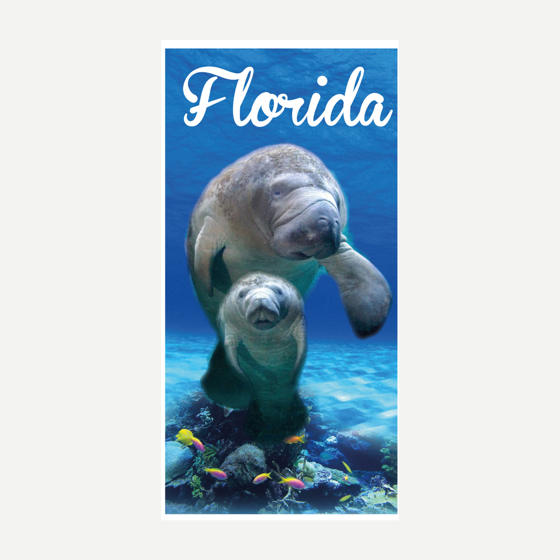 A soft beach towel featuring a photograph of two manatees swimming in blue water with colorful tropical fish and the word Florida written in white script.