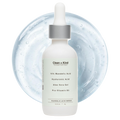 Bottle of Clean + Kind 10% Mandelic Acid Serum with a clear liquid texture swatch background