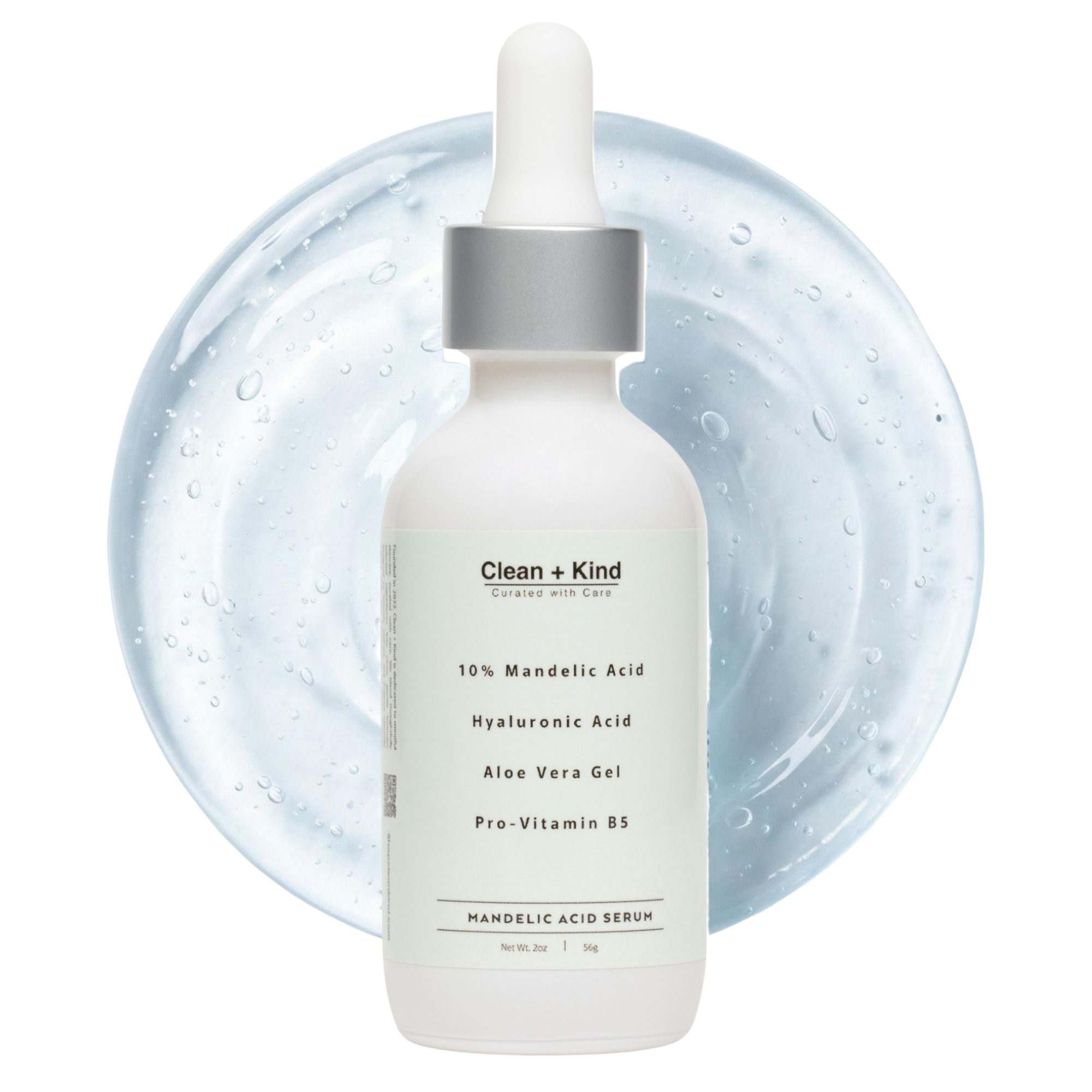 Bottle of Clean + Kind 10% Mandelic Acid Serum with a clear liquid texture swatch background