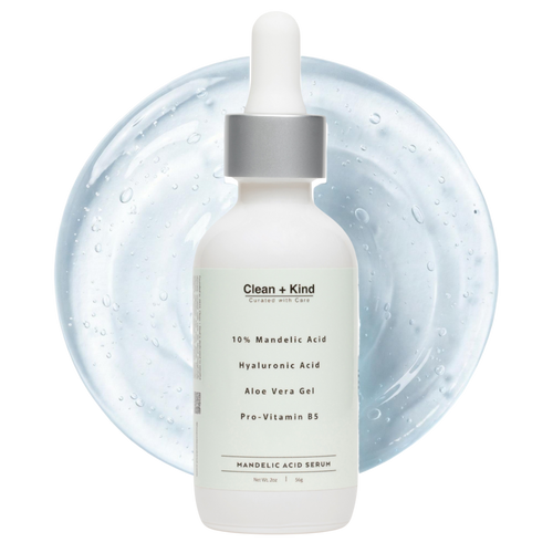 Bottle of Clean + Kind 10% Mandelic Acid Serum with a clear liquid texture swatch background