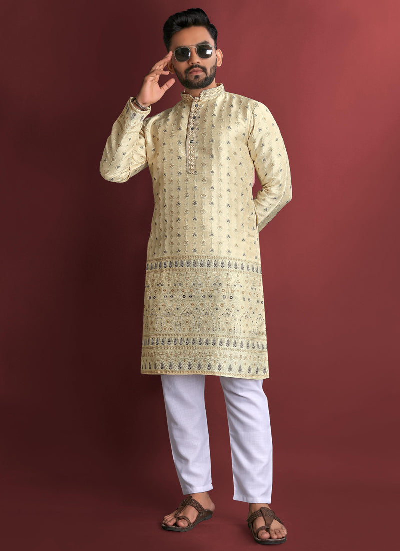 Cream Jacquard Silk Kurta with Detailed Amboj Work