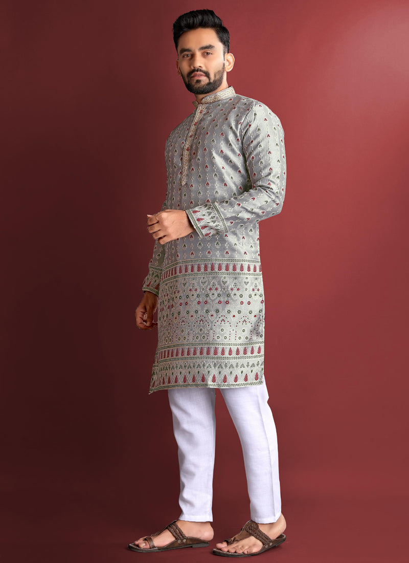 Grey Jacquard Silk Kurta for Men with Intricate Amboj Work