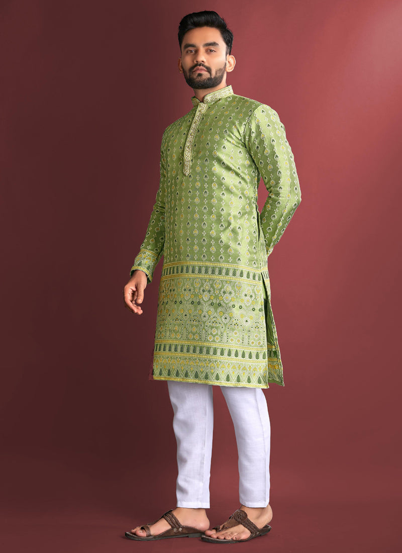 Light Green Jacquard Silk Kurta with Traditional Amboj Work