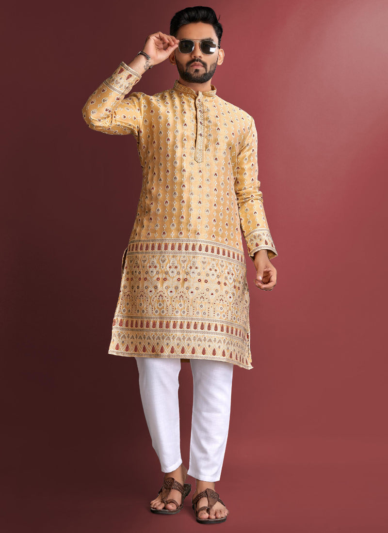 Men's Light Yellow Jacquard Silk Kurta with Amboj Work