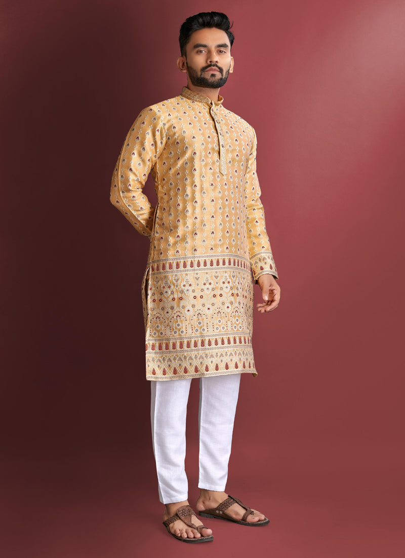 Men's light yellow jacquard silk kurta with traditional Amboj embroidery