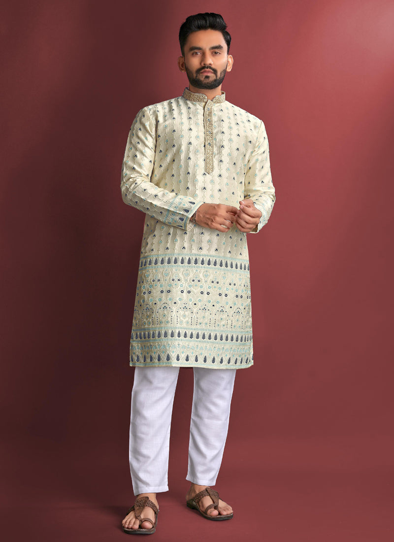 Off White Jacquard Silk Kurta with Amboj Work and Pajama Set