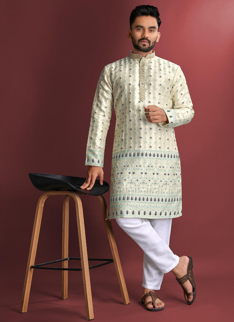 Men wearing an Off White Jacquard Silk Kurta with intricate Amboj work and collar-neck