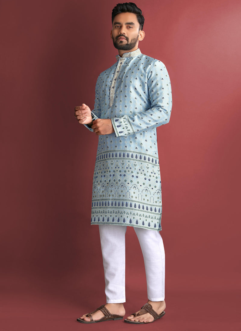 Sky Blue Jacquard Silk Kurta with Amboj Work for Men