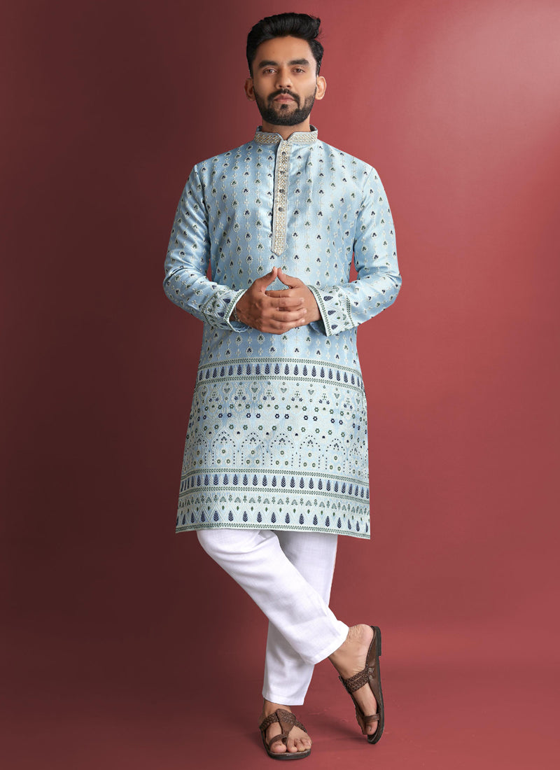 Men wearing a Sky Blue Jacquard Silk Kurta with detailed Amboj work