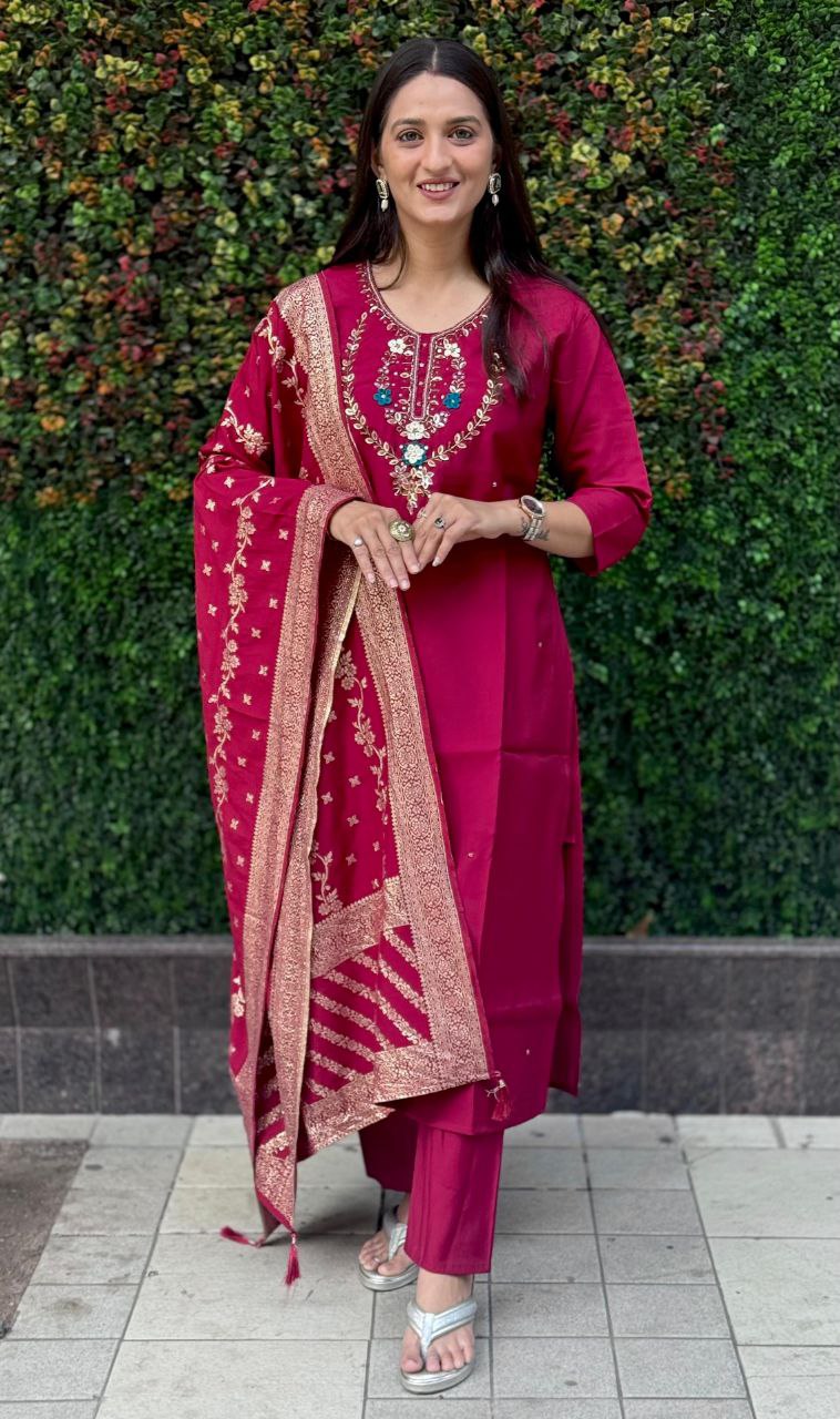 Maroon Roman Silk Kurta Set with Hand Work and Dupatta