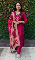 Maroon Roman Silk Kurta Set with Hand Work and Dupatta