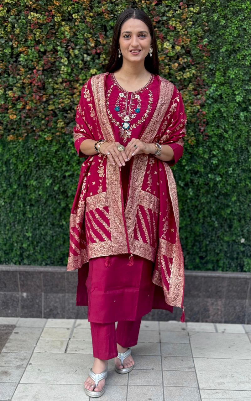 Maroon Roman Silk Kurta Set with Hand Work and Dupatta