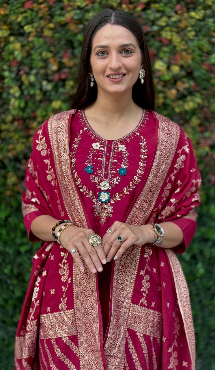 Maroon Roman Silk Kurta Set with Hand Work and Dupatta