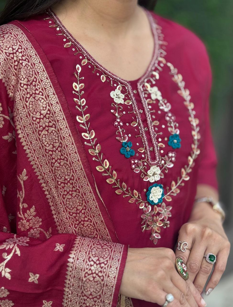 Maroon Roman Silk Kurta Set with Hand Work and Dupatta