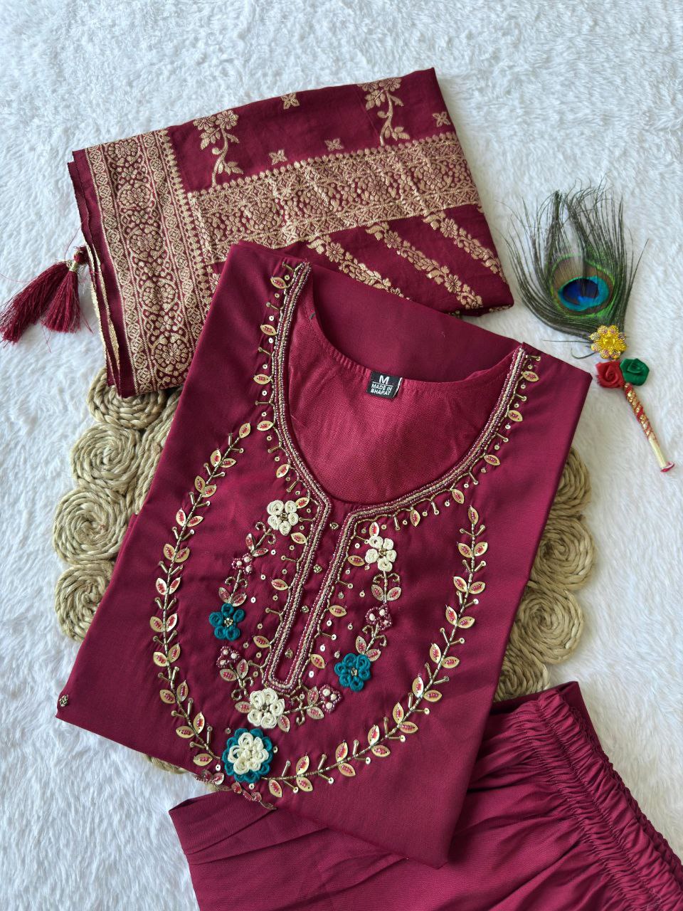 Maroon Roman Silk Kurta Set with Hand Work and Dupatta