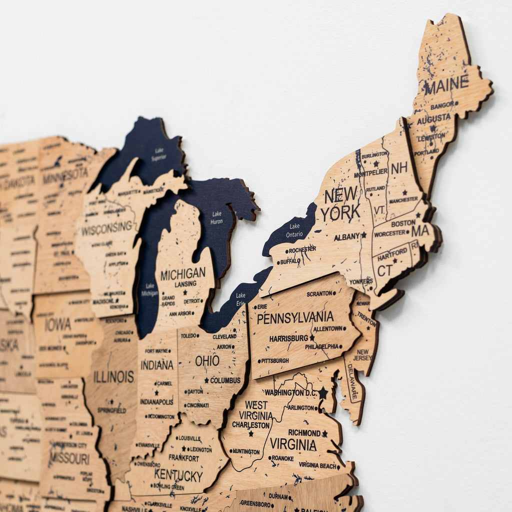 3D Gold Wooden Map of USA Decorative Wall Art