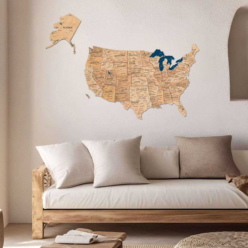 Elegant gold 3D wooden map of the USA displayed on a wall