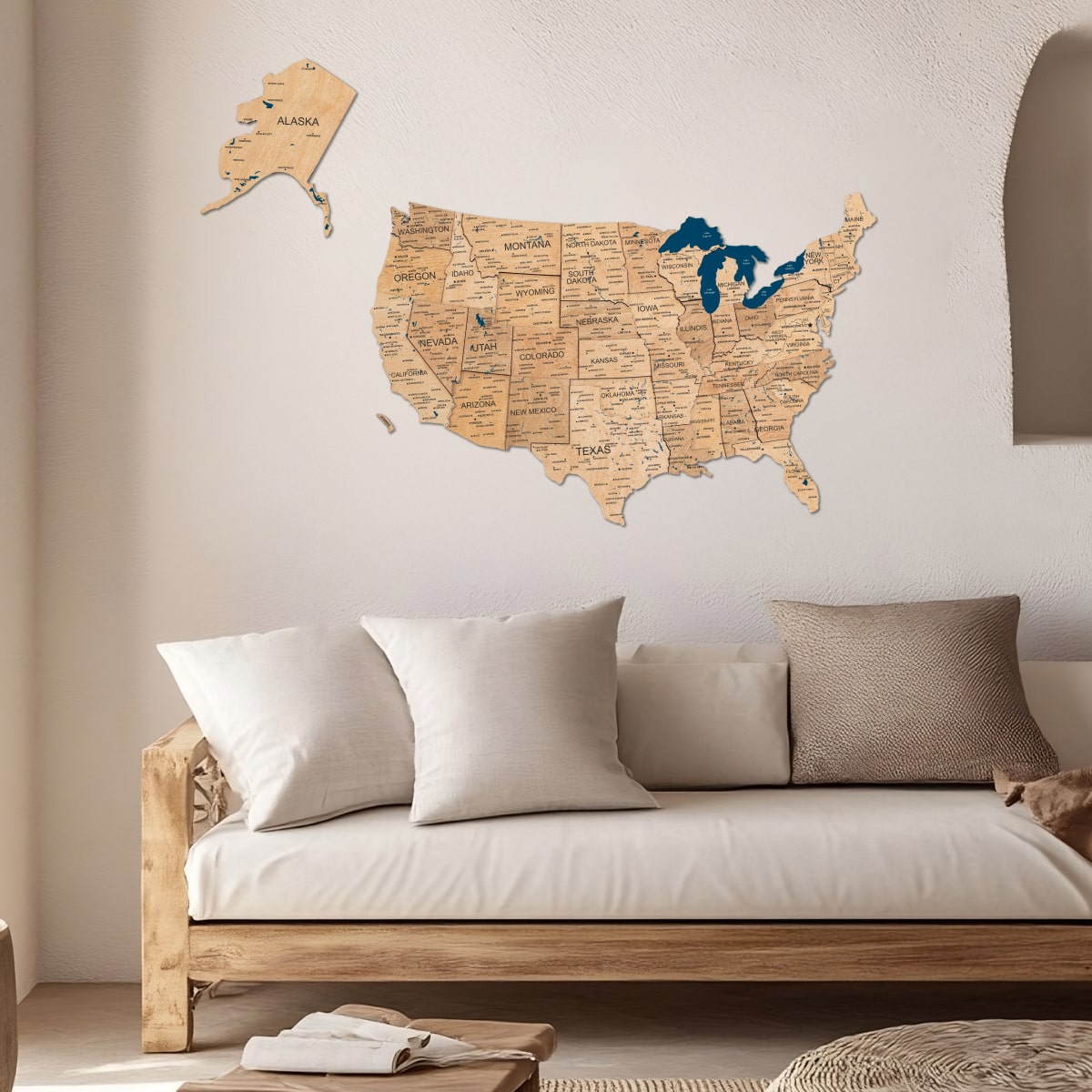 Elegant gold 3D wooden map of the USA displayed on a wall
