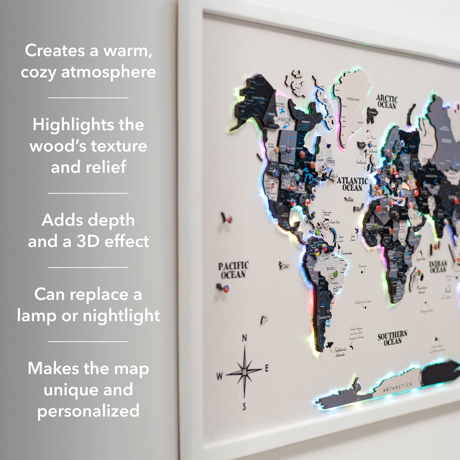 Nordik LED Wooden World Map Wall Art - Minimalist Cork Decor