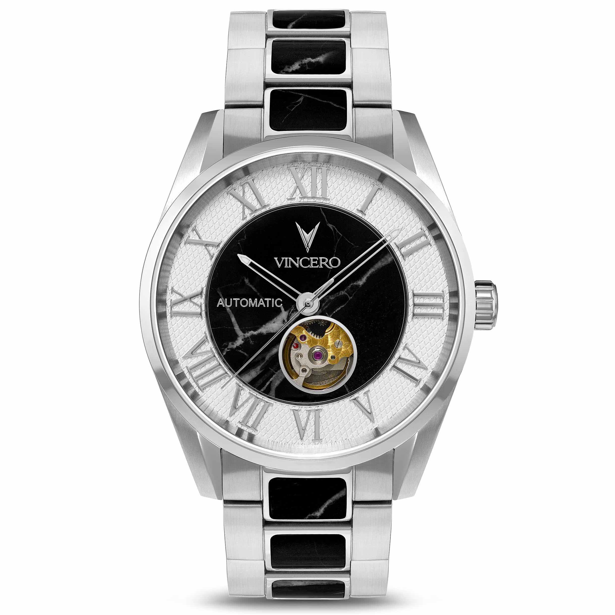 Vincero Collective Marble Automatic watch in Silver Nero featuring a 43mm silver case.