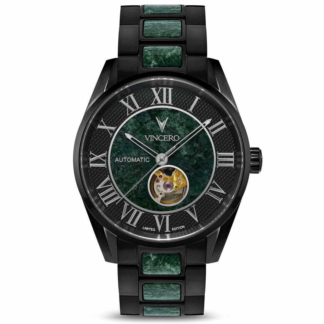 Close up of the Black Verde Marble Automatic watch face featuring premium craftsmanship.
