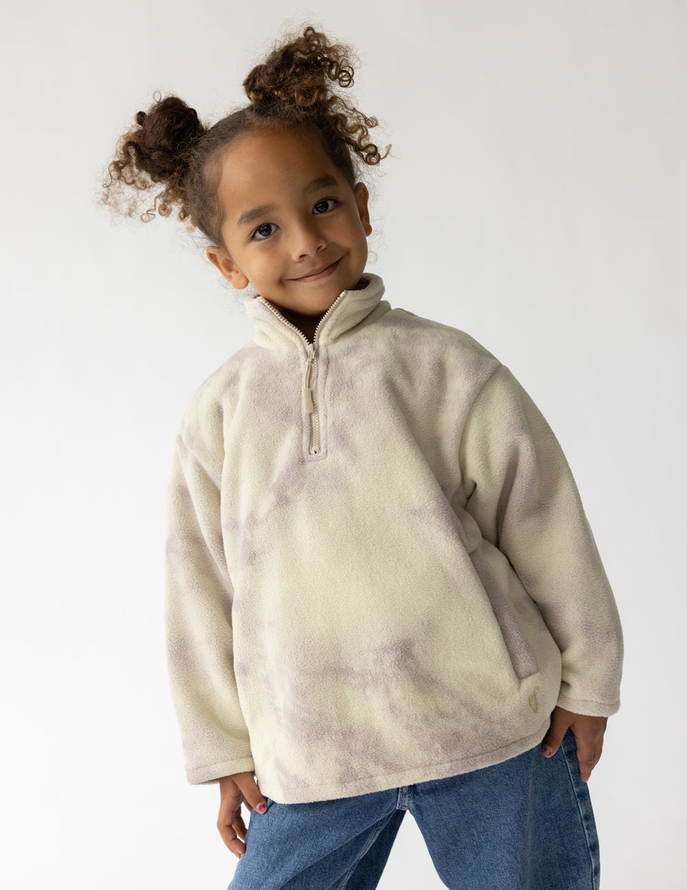 Kids Marble Fleece Zip Pullover in Pearl and Mauve Marble