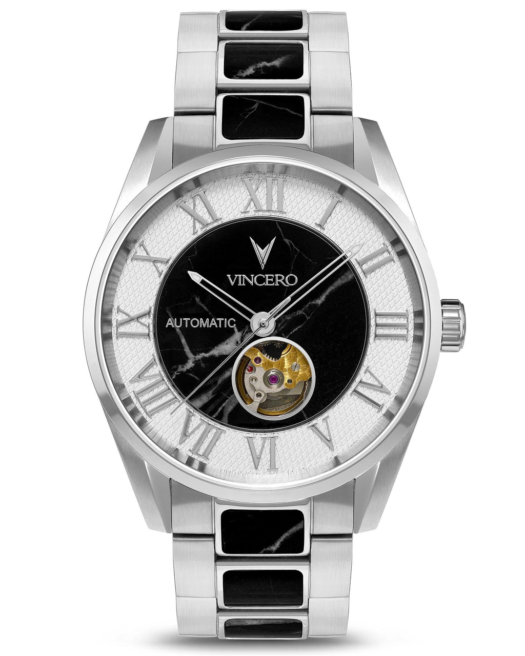 Marble Automatic Watch: Silver Nero 43mm Case