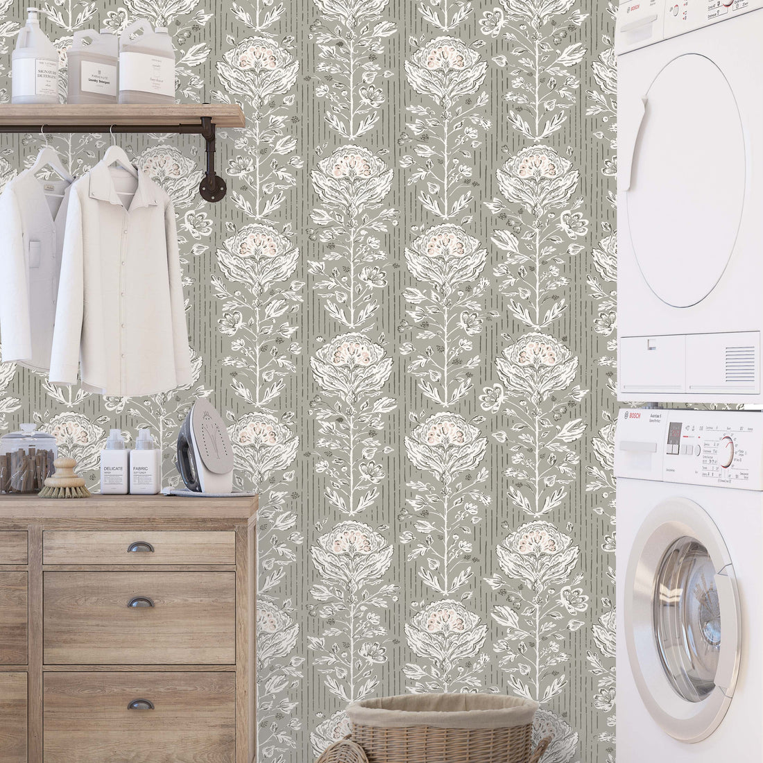 Maren Botanical Floral Removable Wallpaper in Grey, White, Sage-Green