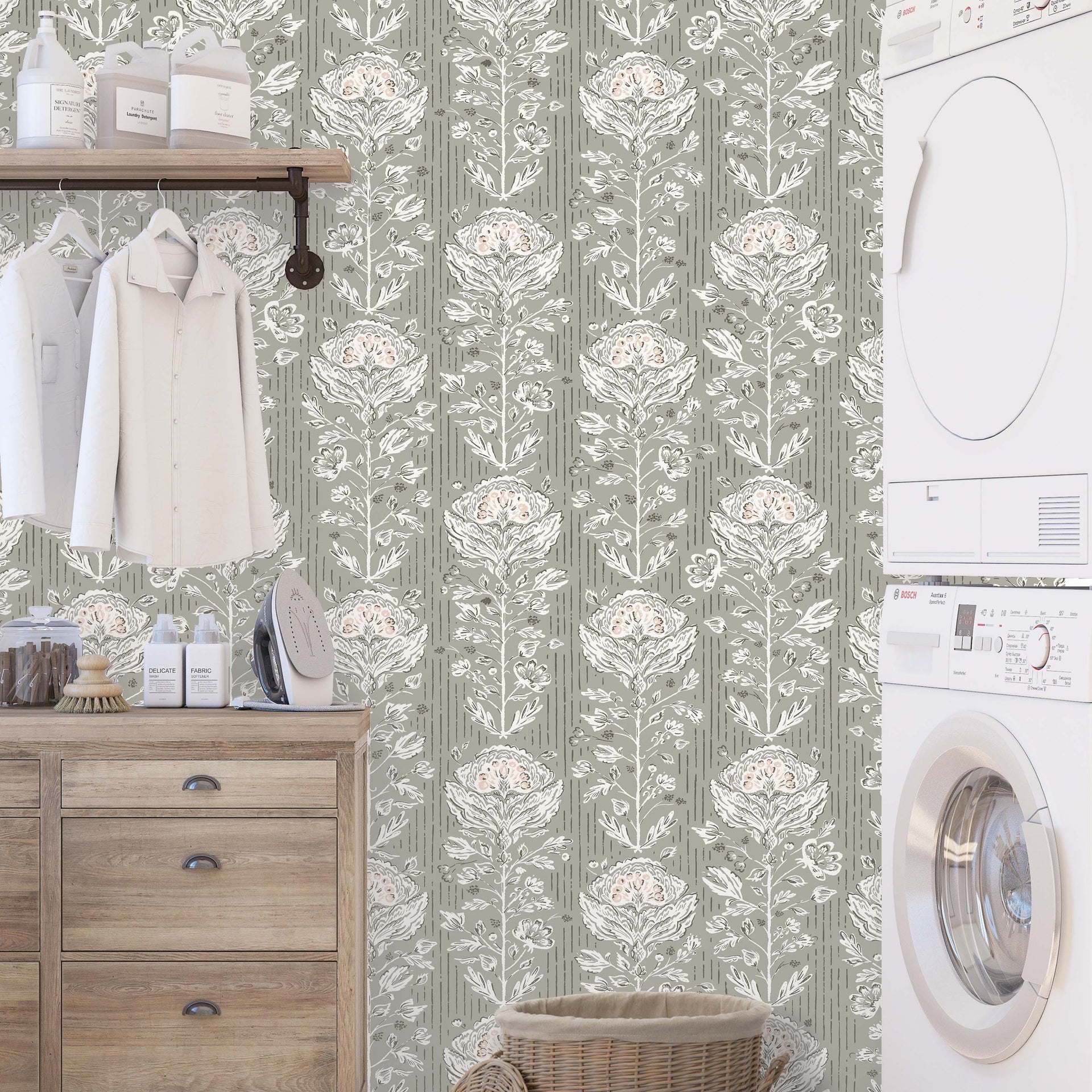Maren Botanical Floral Removable Wallpaper in Grey, White, Sage-Green