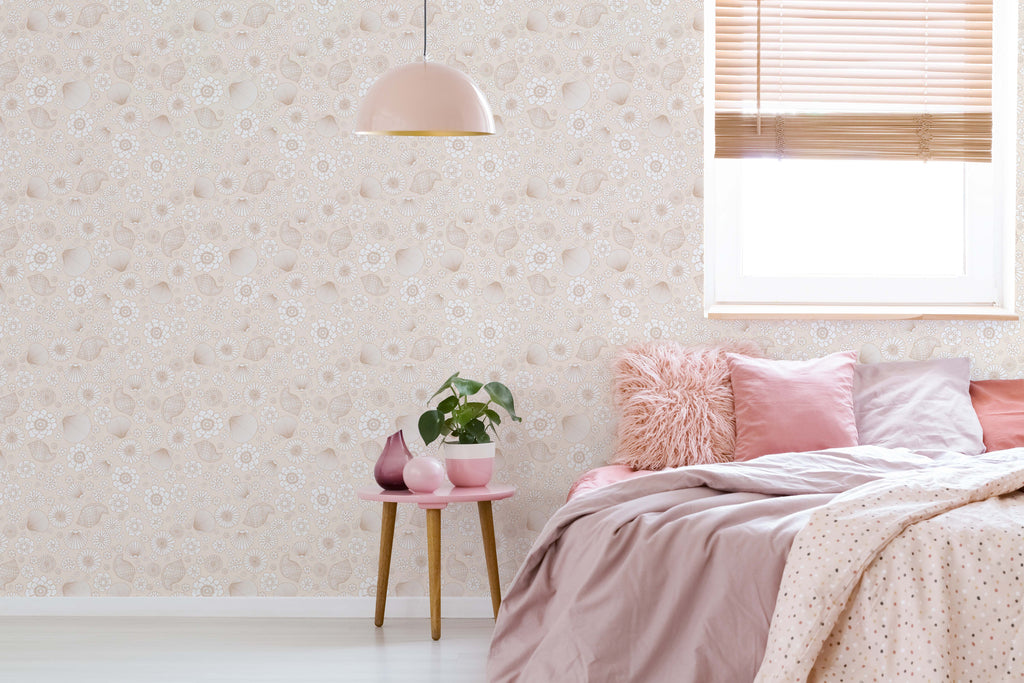 Muriel Coastal Bohemian Wallpaper in Peach Tan and White