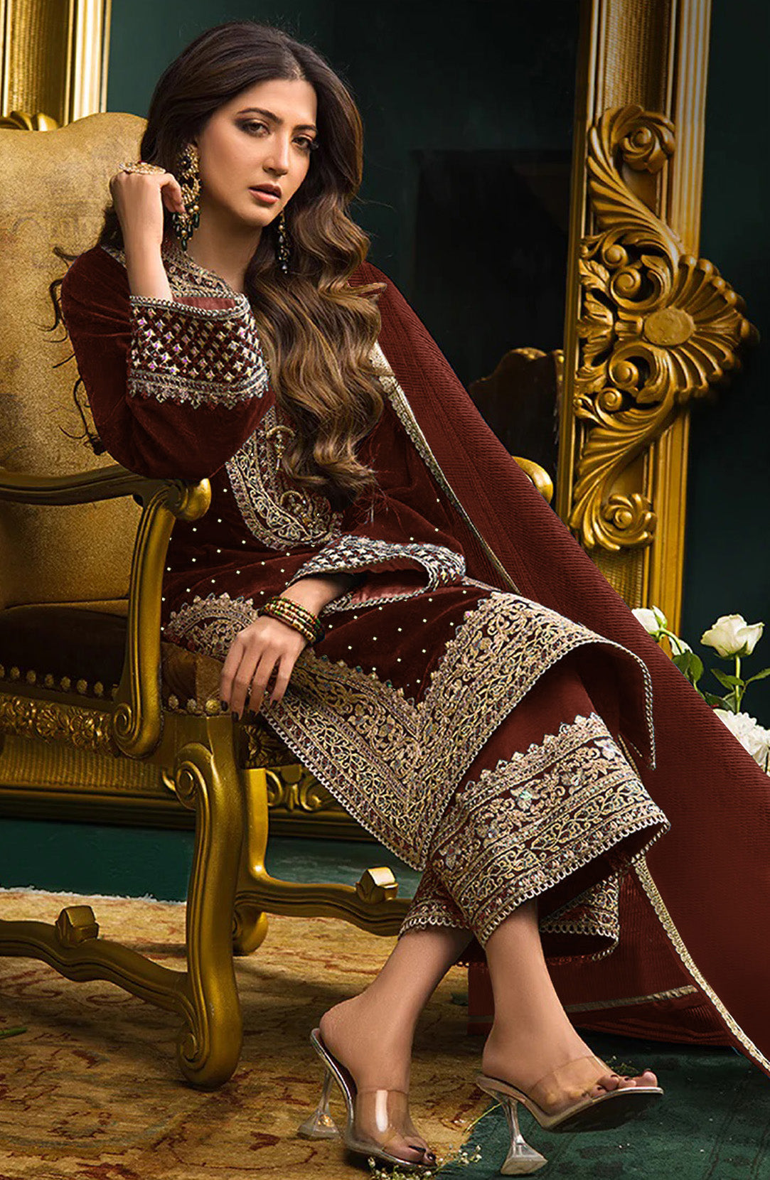 Maroon Velvet Embroidered Salwar Suit Material with Sequence Work