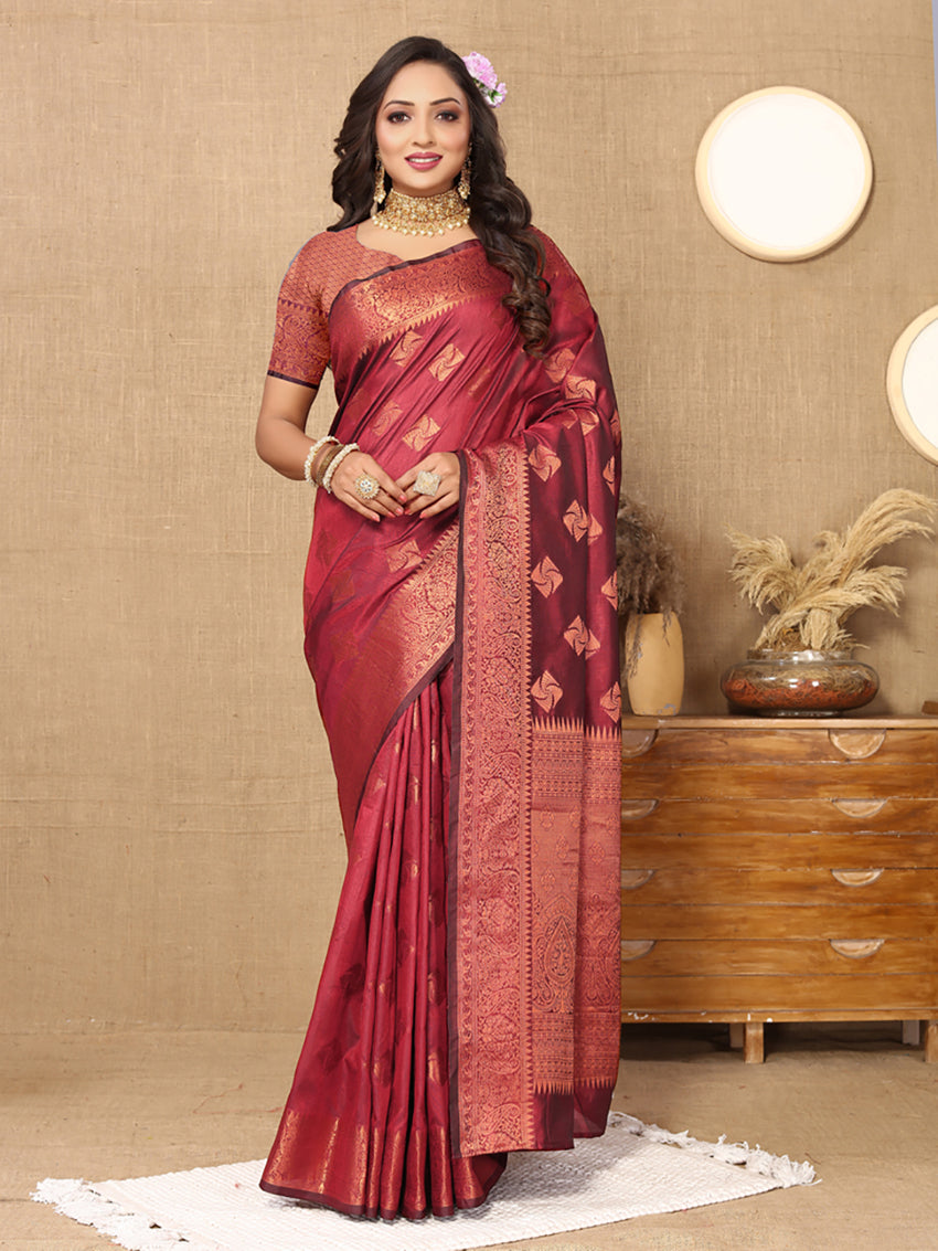 Maroon Soft Katan Silk Saree with Copper Zari Woven Design and matching blouse piece