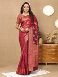 Maroon Soft Katan Silk Saree with Copper Zari Woven Design and matching blouse piece